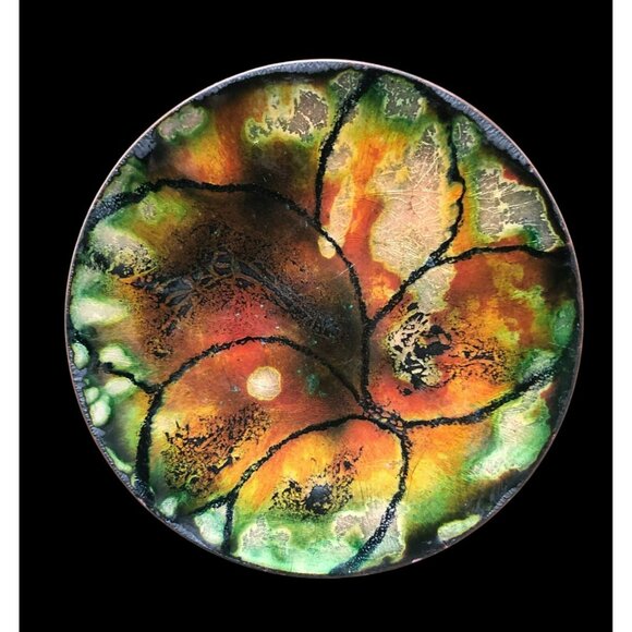 Handcrafted 5" Copper Enamel Dish Abstract Autumn Leaf Design Felted Bottom - Picture 3 of 6